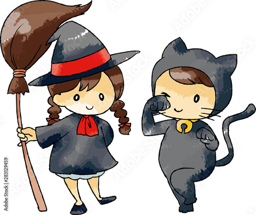 ハロウィン仮装、魔女と黒猫