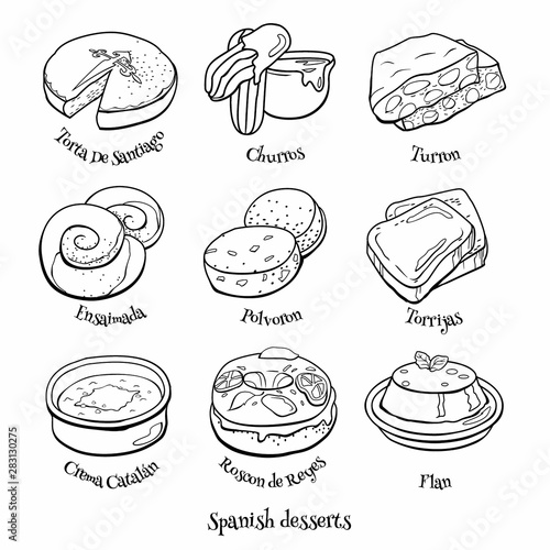 Collection of traditional Spanish desserts. Hand drawn sketch in doodle style. photo