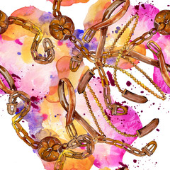 Foto auf Acrylglas Blumen- und Juwelenmuster Gürtelskizze Mode-Glamour-Illustration. Aquarellhintergrundillustrationssatz. Nahtloses Hintergrundmuster.  © LIGHTFIELD STUDIOS