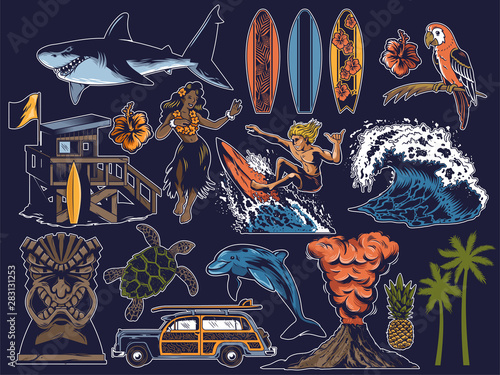 Summer paradise surfing vintage retro set