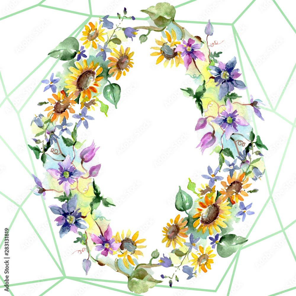 Bouquet with sunflowers botanical flowers. Watercolor background illustration set. Frame border ornament square. Bouquet with sunflowers botanical flowers. Watercolor background illustration set. Frame border ornament square.