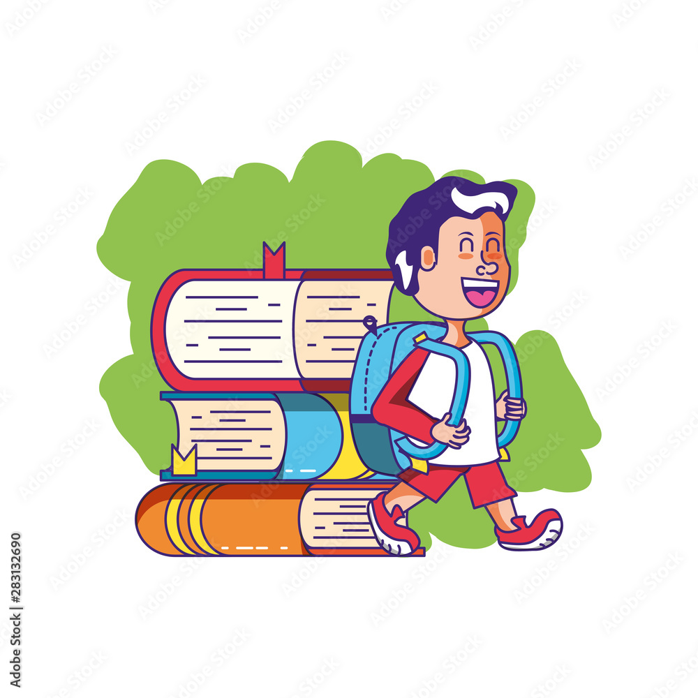 cute little student boy with bag school and stack books