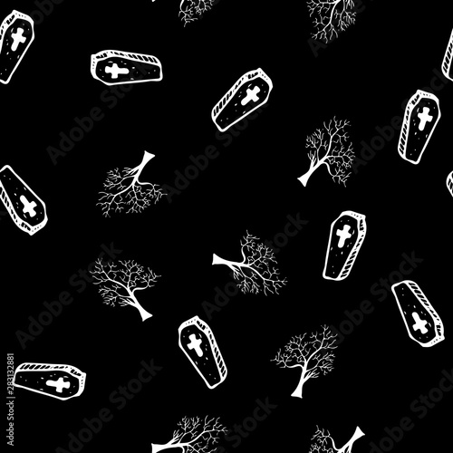 Halloween trees and coffins seamless outline pattern isolated on black background. Halloween trees and coffins seamless outline pattern in a hand-drawn style. October harvest background