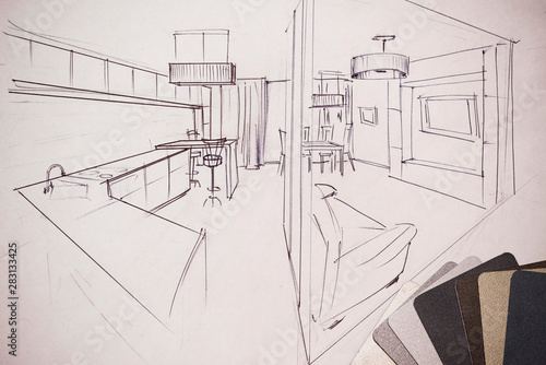 Outline drawings for the design of the kitchen design, everything is drawn in pencil. Beautiful, brick walls.