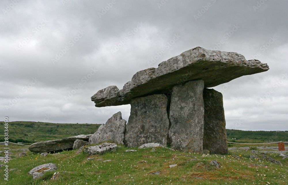 The ancient stone tomb on the stone plain with green grass on the cloudy summer day. 