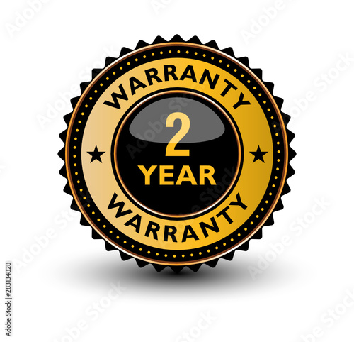 High quality 2 year warranty golden and blackish badge, label, sign isolated on white background. 