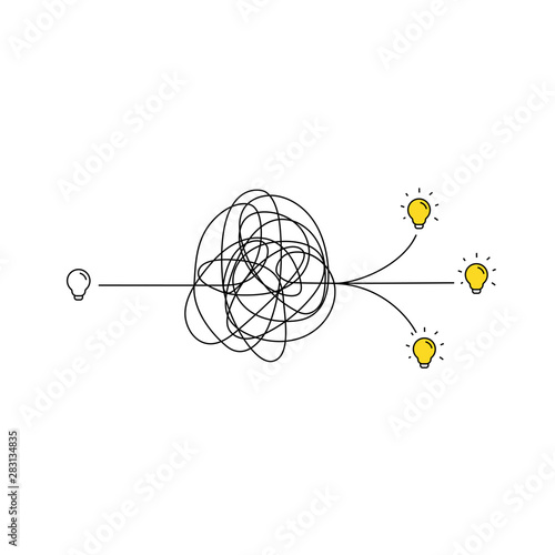 hard thinking process of multiple inspiration idea through a complicated way illustration. light switch with messy line symbol. tangled scribble line vector path doodle design.