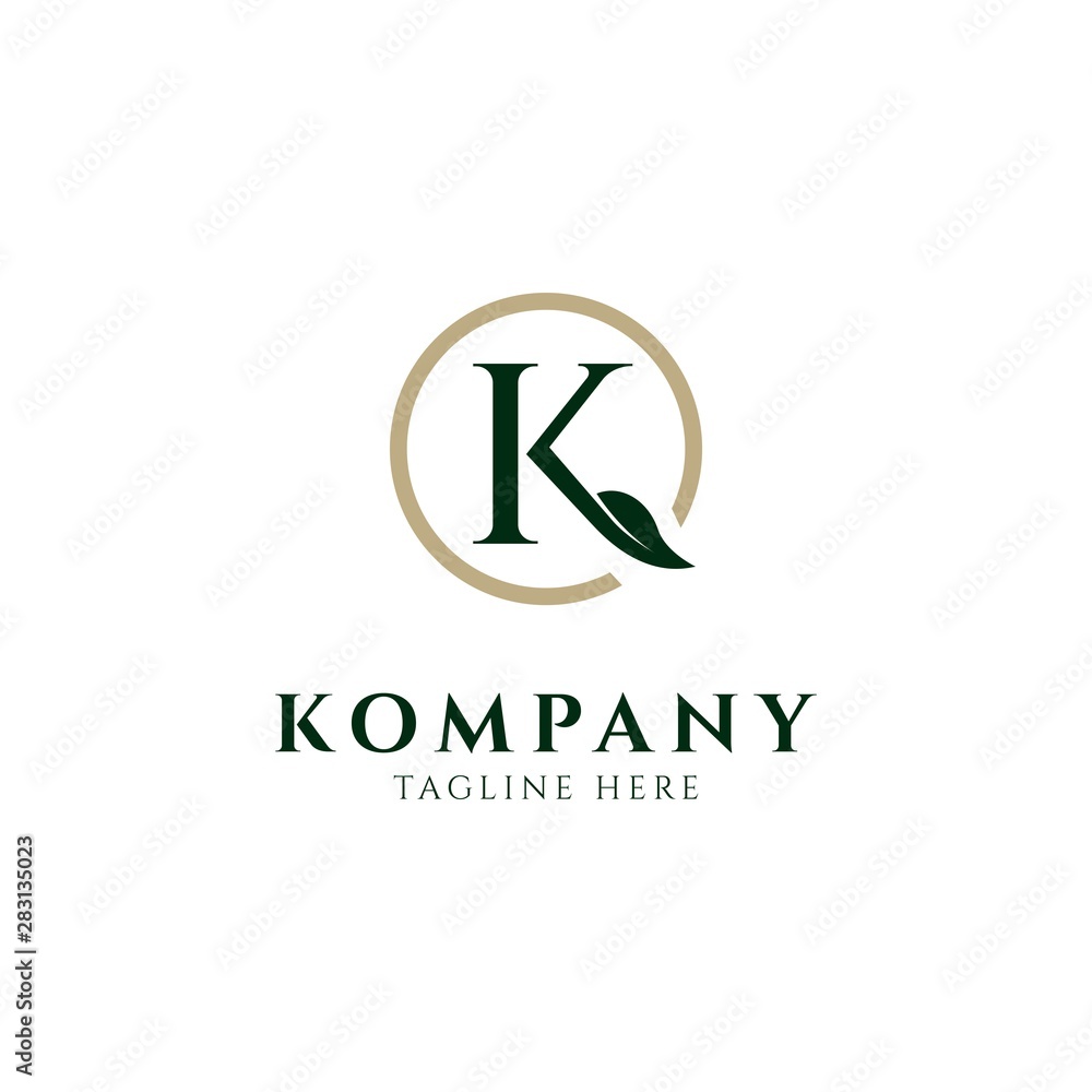 Letter K with leaf in the circle logo design template.Creative letter symbol for organic company Letter K with leaf in the circle logo design template.Creative letter symbol for organic company