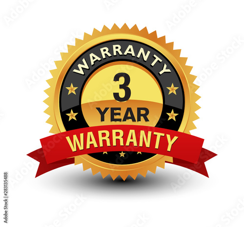 Golden color powerful 3 year warranty badge, seal, sign, label with red ribbon isolated on white background.