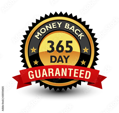 Powerful 365 day money back guaranteed badge, sign, label, seal with red ribbon on top.