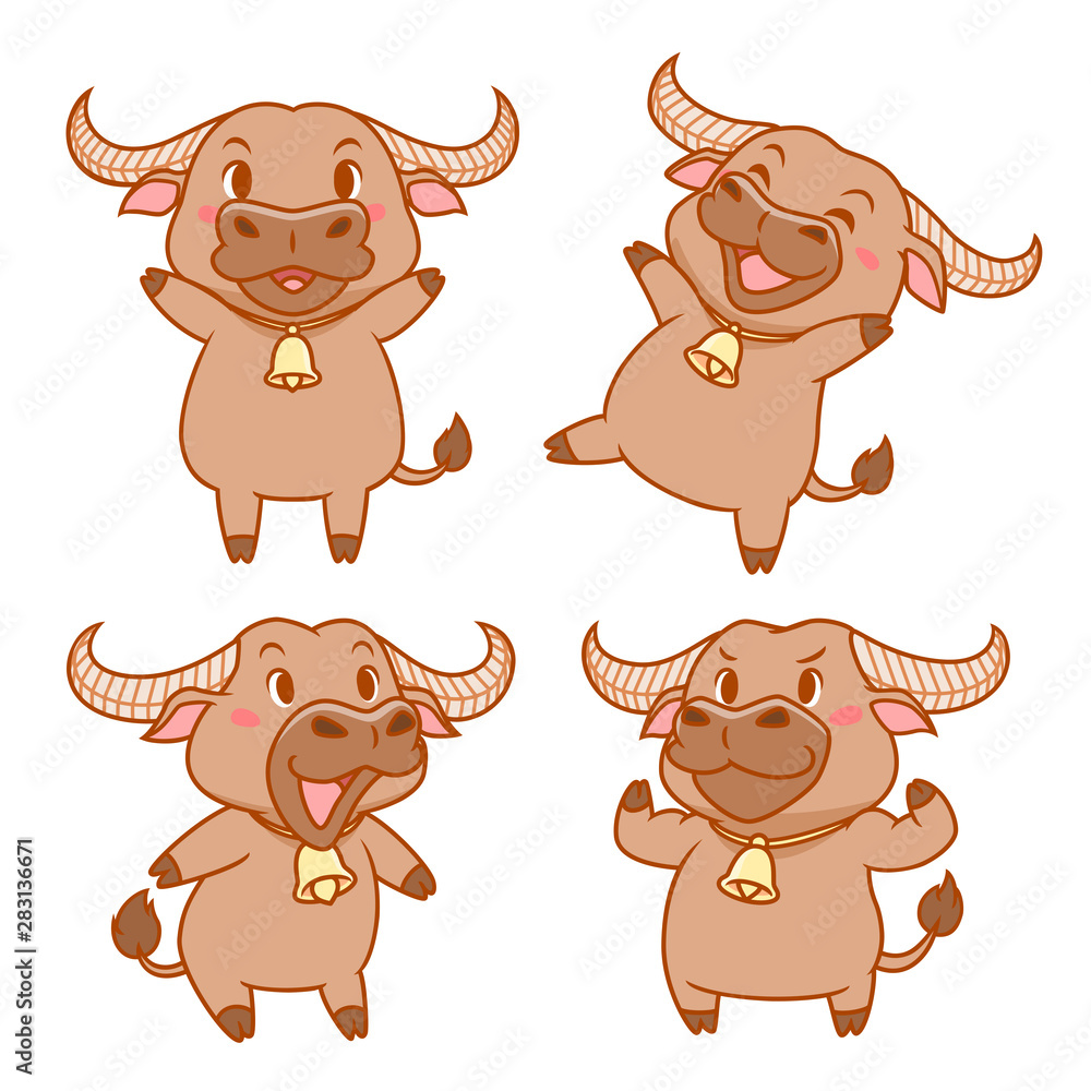 Set of cute cartoon buffalo in different poses.
