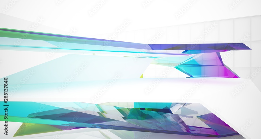 Fototapeta premium Abstract architectural glass gradient color interior of a minimalist house with large windows. 3D illustration and rendering.