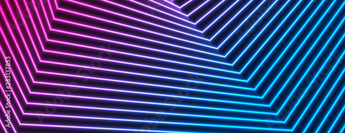 Bright composition of neon lines. Abstract background with blue purple tech geometric laser rays. Retro sci-fi vector design