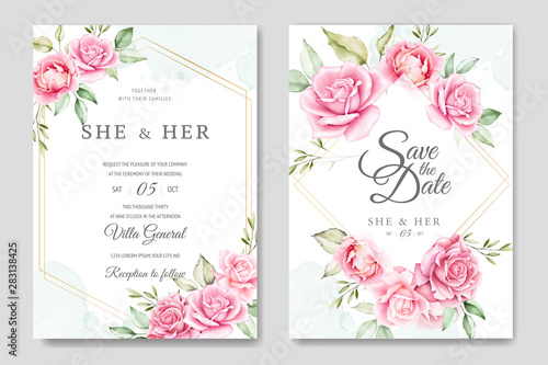 watercolor wedding invitation card with beautiful floral and leaves