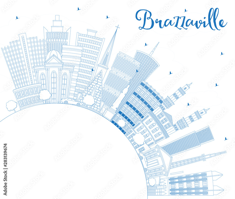 Outline Brazzaville Republic of Congo City Skyline with Blue Buildings and Copy Space.