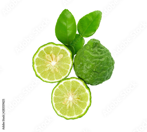 fresh bergamot fruit with leaf isolated on white background, Top view. photo