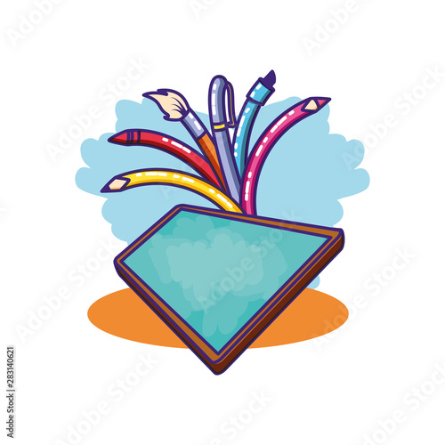 set of pencils and colors supplies with board school