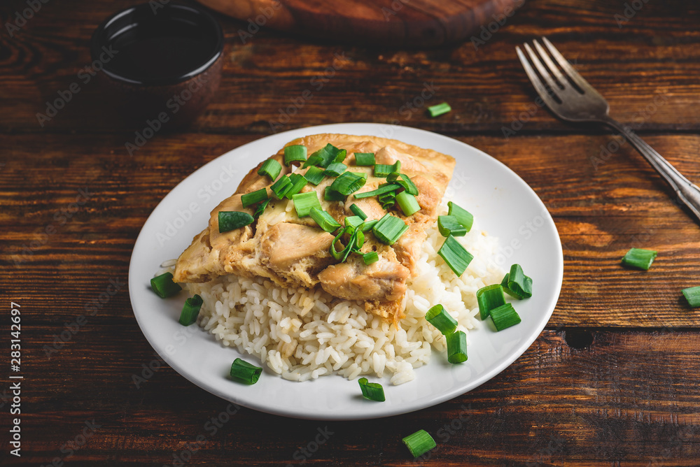 White rice with scrambled eggs with chicken and green onion White rice with scrambled eggs with chicken and green onion