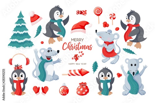 Fototapeta Naklejka Na Ścianę i Meble -  Cute penguins, mouses and items icon set isolated on white background