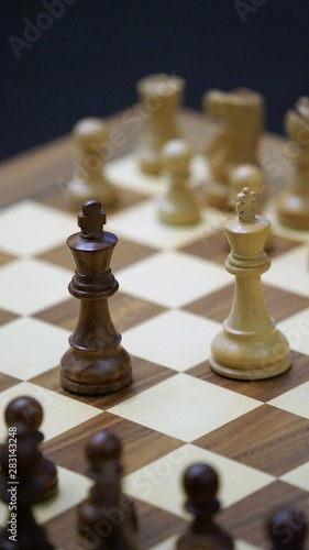 pieces on chess board showing direct fight between two kigngs