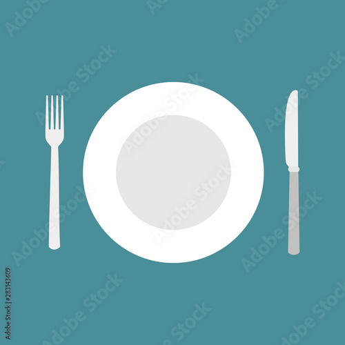 Vector illustration of flat plate, fork and knife.