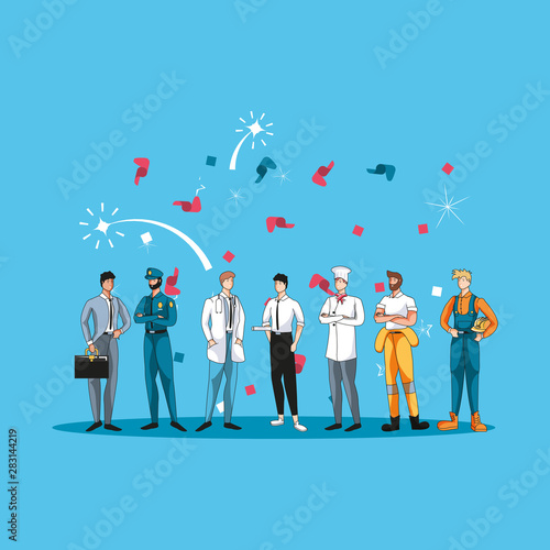 happy labor day label with group of workers