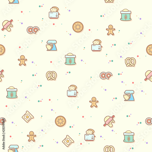 Vector illustration of a cute bakery and bread elements. Collection of toaster, Gingerbread Man, flour, pumpkin pie, pretzel and more. Isolated on beige. Colorful surface pattern.