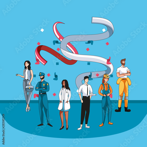 happy labor day label with group of workers
