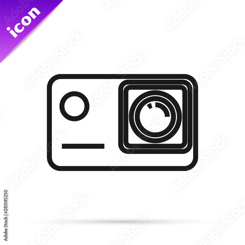 Black line Action extreme camera icon isolated on white background. Video camera equipment for filming extreme sports. Vector Illustration