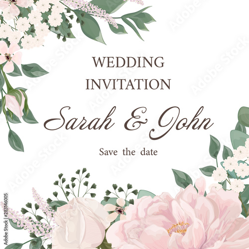Wedding invitation with flowers Peony and leaves, watercolor, isolated on white. Vector Watercolour.