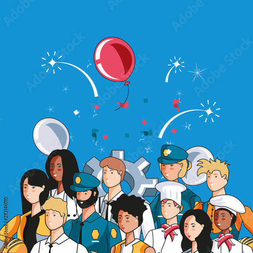 happy labor day label with group of workers