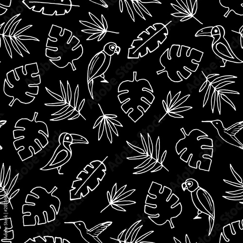 Vector seamless pattern with hand drawn outline palm leaves, toucans and parrots.