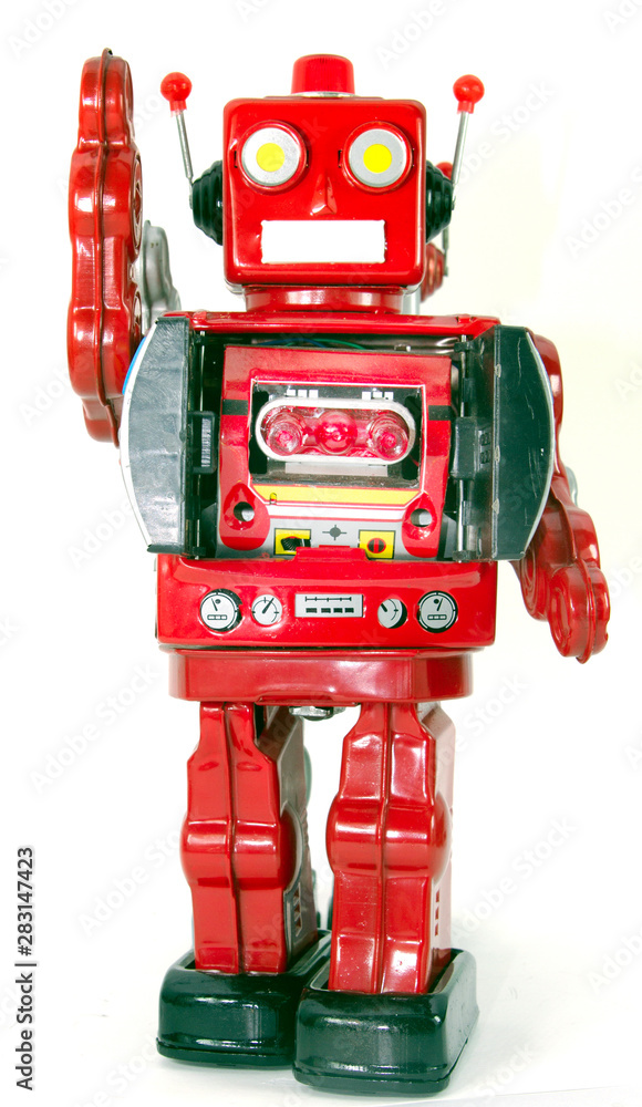 Fototapeta premium red retro robot waving isolated