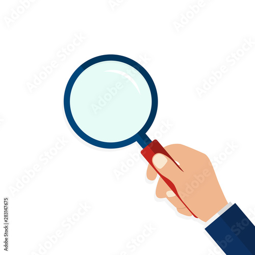 Magnifying glass in hand in flat style.Icon of hand holding a magnifying glass on isolated background.Flat lens or loupe. vector