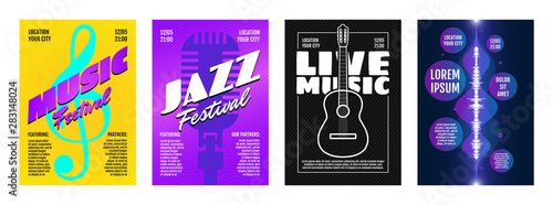 Music jazz electronic live festival show poster or invitation flyer cover template set. Acoustic guitar with treble clef and retro mic with sound wave. Musical concert print vector illustration