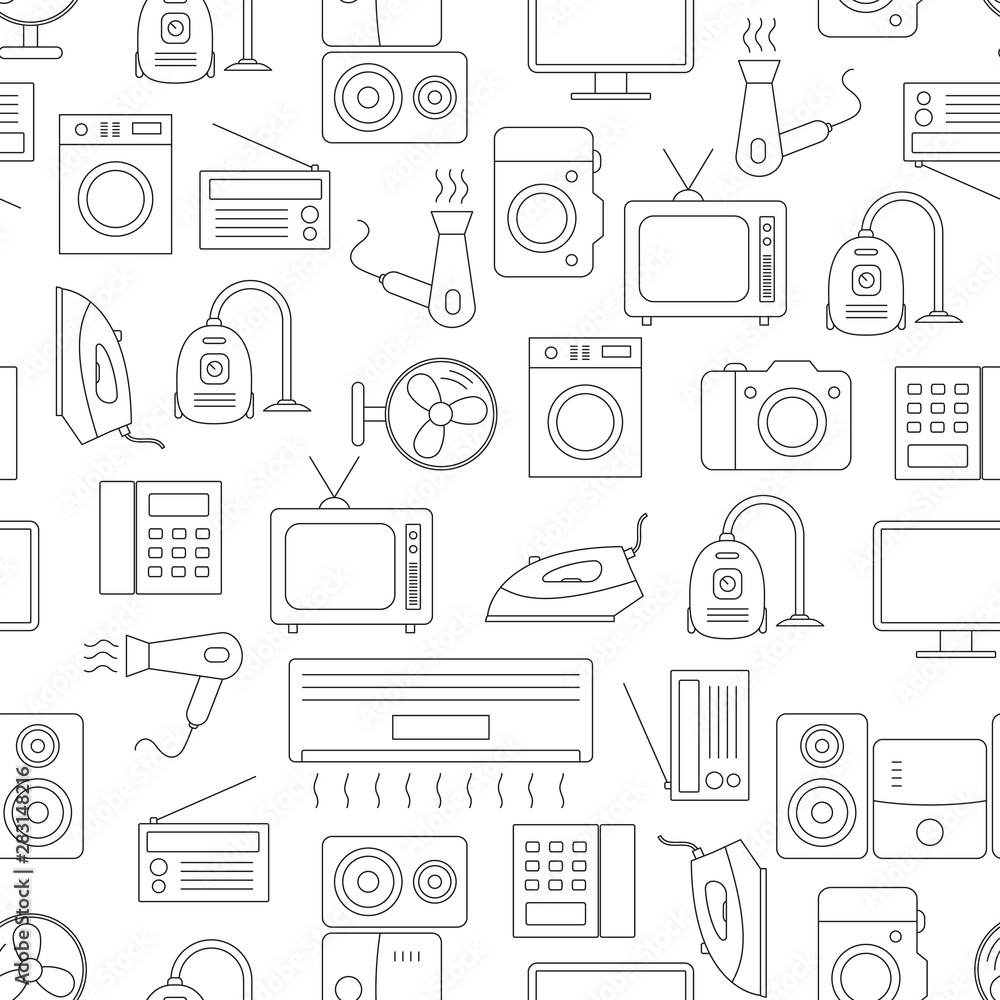 Vector seamless pattern with linear household appliances.