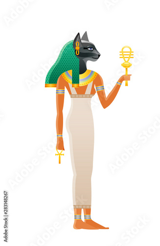 Ancient Egyptian goddess Bastet. Deity with cat head. 3d cartoon vector illustration. Old mural paint art icon from Egypt. Isolated white background. Bastet god of cosmetics, love, joy, sex, pregnancy