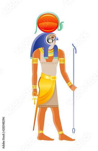 Ancient Egyptian god Ra. Deity of the sun with falcon head, sun disk cobra decoration. 3d cartoon vector illustration. Old mural paint art icon from Egypt. Ra god isolated on white background