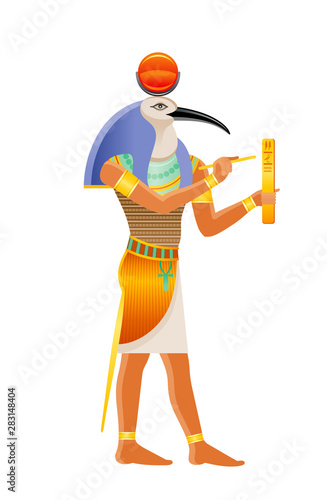 Ancient Egyptian god Thoth. Deity with ibis head. God of wisdom, writing, hieroglyphs, science, magic. 3d cartoon vector illustration. Old mural paint art icon from Egypt. Isolated on white background