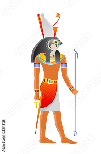 Ancient Egyptian god Horus. Deity with falcon head and pharaoh crown. God from Osiris myth. 3d cartoon vector illustration. Old mural paint art icon from Egypt. Horus bird isolated on white background