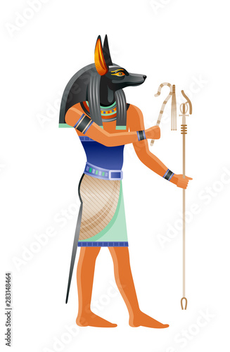 Ancient Egyptian god Anubis. Deity with canine head. God of death, mummification embalming, afterlife. 3d cartoon vector illustration. Old mural paint art icon from Egypt. Isolated on white background