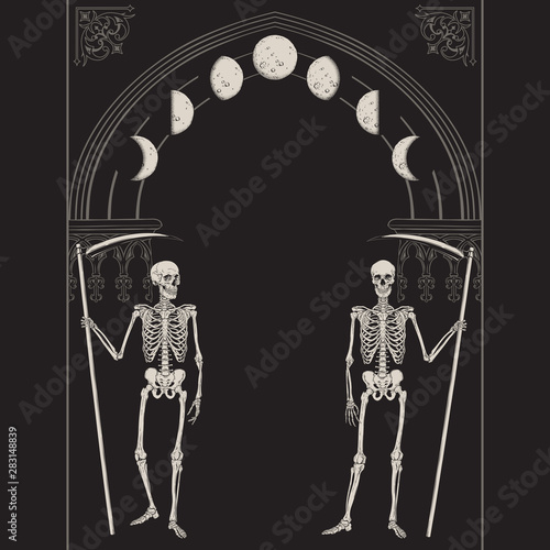 Grim Reapers with the scythes in front of the gothic arch with moon vector illustration. Hand drawn gothic style placard, poster or print design.