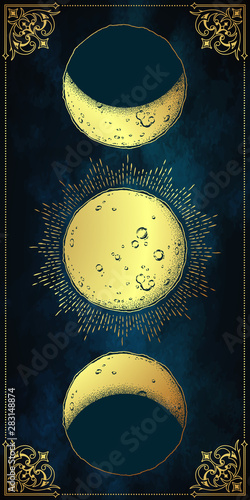 Antique style hand drawn line art and dot work moon phases. Boho chic poster, fabric, altar veil or tapestry design vector illustration.