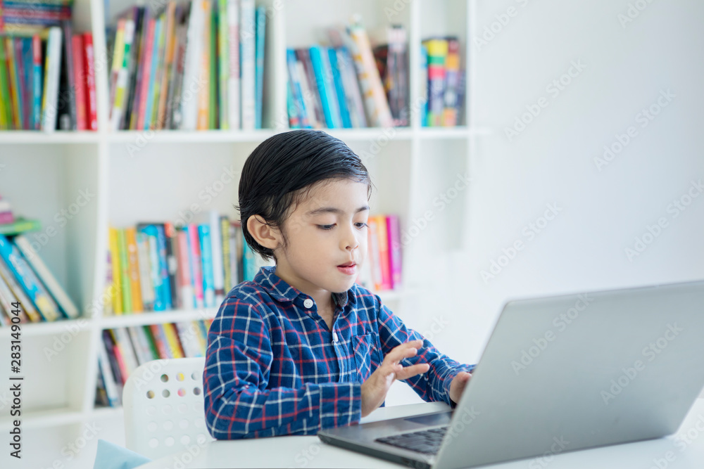 Little boy using a laptop in the library Little boy using a laptop in the library