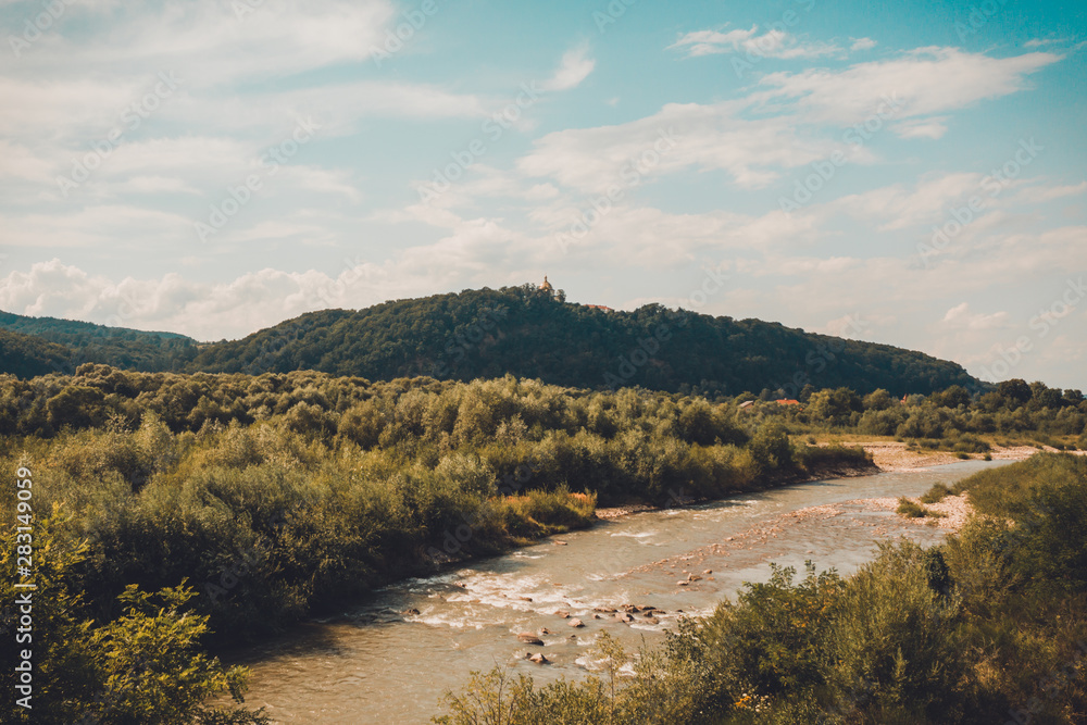 Beautiful landscape from the top shows the river and field in the countryside. Beautiful landscape from the top shows the river and field in the countryside.