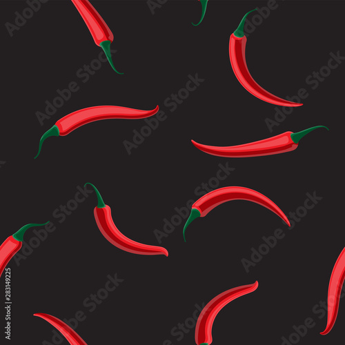 Seamless pattern with red hot chile peppers on black background. Print design paper cloth banner. Vector illustration