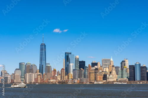 Scene of New york cityscape river side which location is lower manhattan Architecture and building with tourist concept