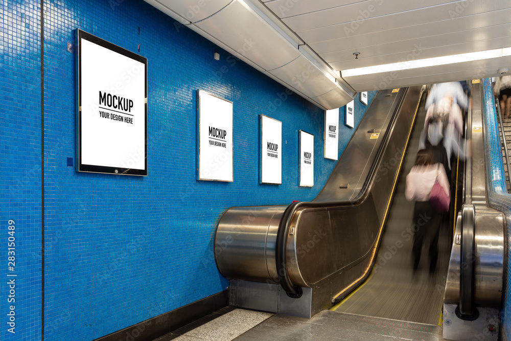 Blank billboard located in underground hall or subway for advertising, mockup concept, Low light speed shutter