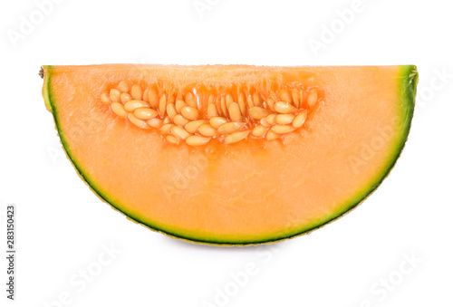 a slices of cantaloupe melon fruits isolated on white background.