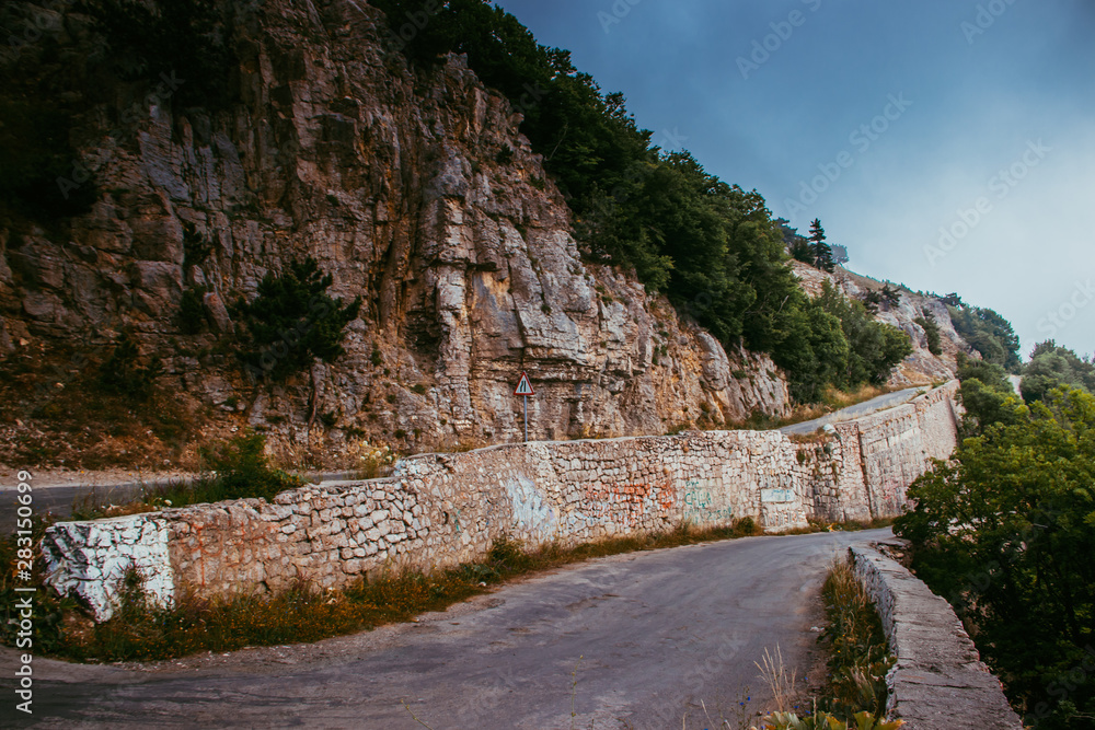 Mountain asphalt road. Mount Ai-Petri in Crimea. Climb up. Russian roads. . Road to Ai-Petri